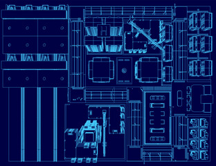 Detailed architectural blueprint displays a building layout with precise city contours and structural elements. Top view