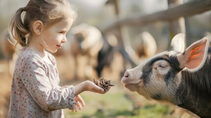 Celebration of world farm animals day with a child feeding a pig on a sunny farm. Horizontal banner. Copy space