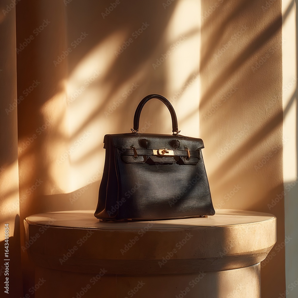 Poster elegant black handbag displayed on a minimalist pedestal, illuminated by soft shadows in a warm sett
