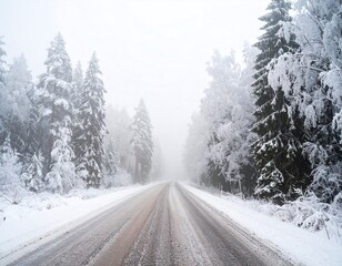 Snow-covered road vanishes into misty winter forest