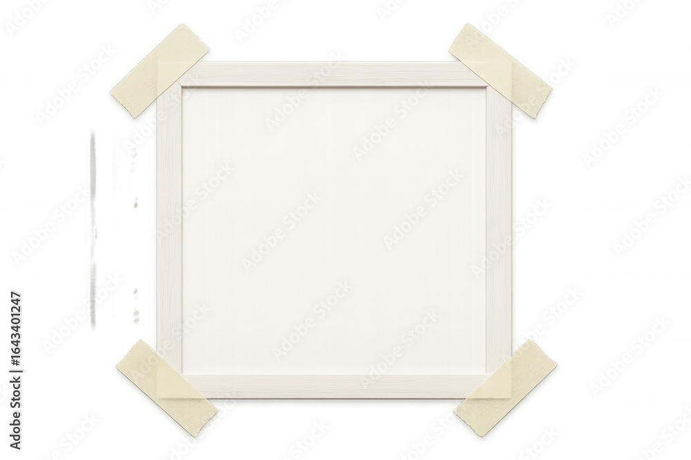 Poster white square frame mounting onto transparent surface using four adhesive tape strips, providing clea