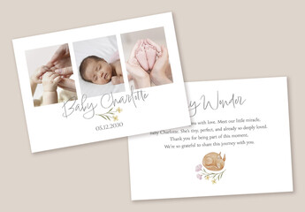 Baby announcement card template with watercolor floral and woodland elements, photo frame design, printable greeting for newborn