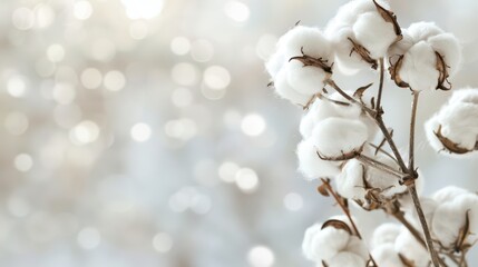 Cotton plant on world cotton day celebration with soft bokeh background. Horizontal banner. Copy space