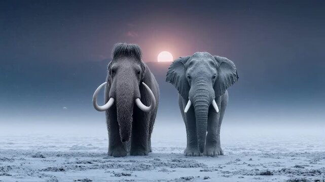 A mammoth and an elephant stand together in a surreal landscape, symbolizing evolution, the connection between past and present, extinction, and the passage of time in a fantasy concept
