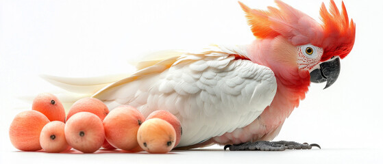 Parrot with brightly colored plumage and fruit. Articles about nature, educational materials, pet store advertisements.