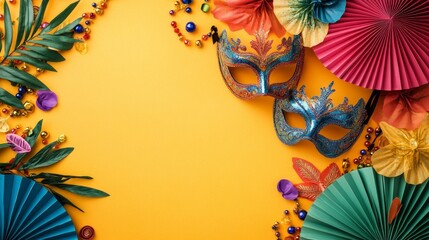 Two brightly colored masquerade masks and decorations on a yellow background. Useful for holiday invitations and themed events.