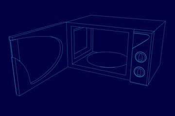 Obraz premium A 3D model of a microwave oven with clean contours stands against a solid blue background. The appliance features a sleek design, visible control panel, and transparent door showing interior details.