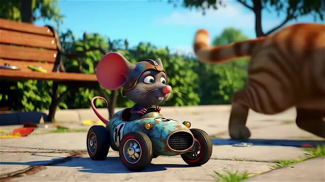 Cute animated mouse driving a toy car chased by a cat.
With motion blur effect or bokeh background.
Video generated by AI.	