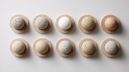 Fototapeta premium Wooden coasters with speckled spheres in various shades.