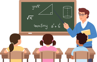 Math teacher concept. Man stands at blackboard and pointing on formulas and geometric shapes. Children listen to the teacher. Vector Illustration