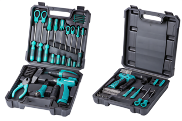 Open case box filled with turquoise blue tools isolated on a transparent background