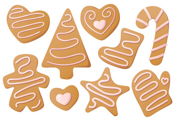 Set of gingerbread cookies in the form of Christmas tree, heart, star, man, candy cane, mittens, socks. Christmas and new year elements. Vector illustration.