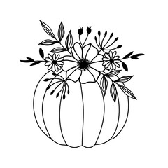 Pumpkin and Fall Flowers Line Drawing