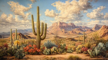 Desert with cacti and flowering plants on the background of mountains, conveys the beauty and harshness of nature. Suitable for articles about nature and travel.