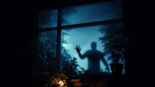 Scary silhouette of mysterious man waving outside dark window at night