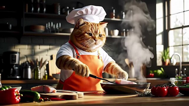 Cute animated chef cat cooking meat in a cozy kitchen.
Video generated by AI.	