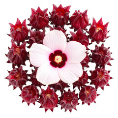 Obraz premium Hibiscus Blossoms in Crimson Radiance: A radiant and captivating image that features the striking contrast of dark red hibiscus buds encircling a singular, delicate white blossom.