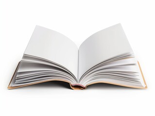 Obraz premium Realistic open hardcover book mockup, blank pages, isolated on white background, flat lay photography.