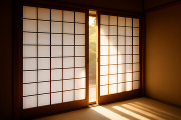 Traditional Japanese room with sliding shoji doors and sunlight streaming through