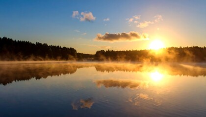 Fototapeta premium Golden morning light illuminates a serene lake landscape with ethereal mist