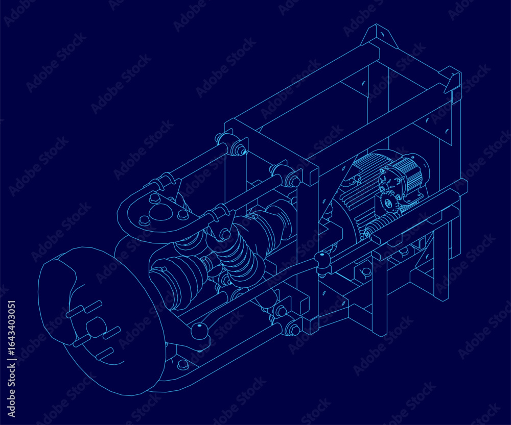 Poster a detailed blueprint of a modular machine with electric motor and suspension system, featuring intri