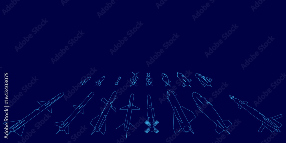 Poster A collection of sleek missiles arranged in a symmetrical pattern against a dark blue background. Each rocket slightly overlaps the one below, creating depth and dimension.