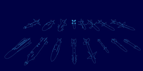 A collection of missile contour drawings on a blue background, featuring a rocket, missile launcher, and various bomb designs. The minimalist line art showcases detailed weapon outlines.
