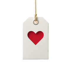 White rectangular tag featuring a red heart cutout and string, isolated on white background, ideal for gifts, love notes, or decoration.
