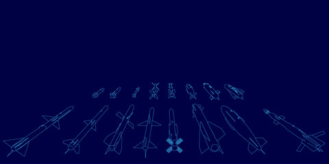 A collection of sleek missiles arranged in a symmetrical pattern against a dark blue background. Each rocket slightly overlaps the one below, creating depth and dimension.