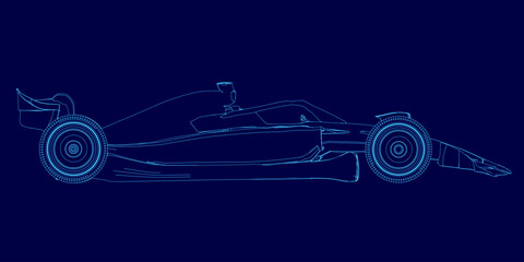 A sleek Formula 1 car blueprint stands out against a vibrant blue background, showcasing detailed aerodynamic contours and precision engineering. The technical drawing highlights the sportcar's. © German Ovchinnikov