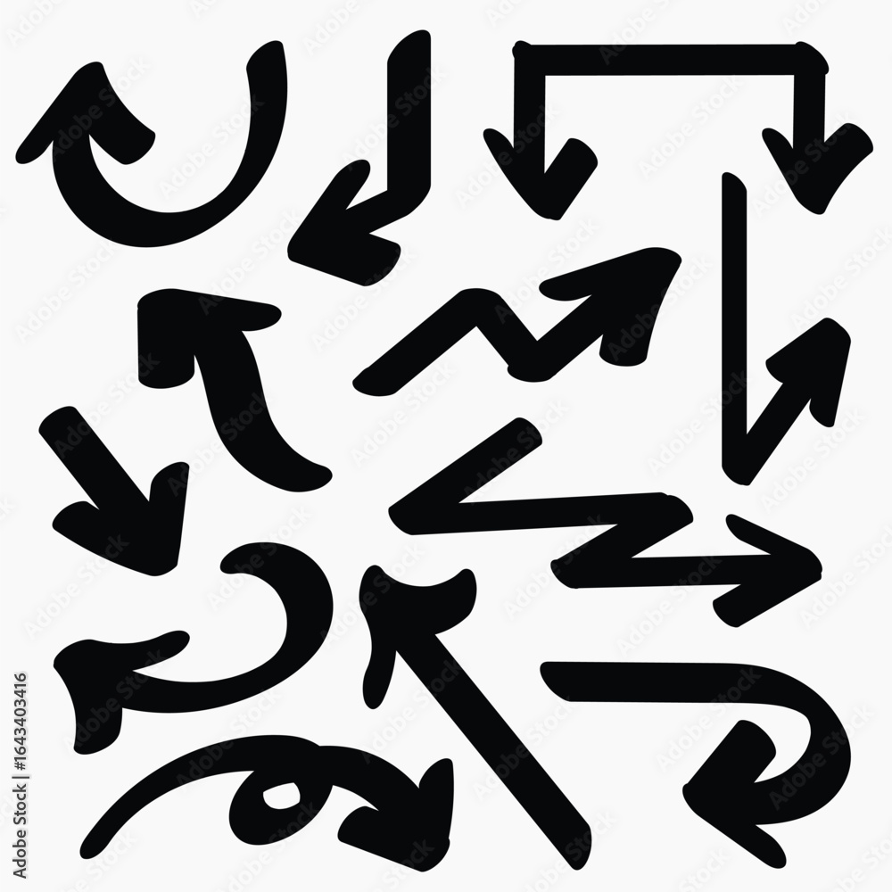 Poster set of simple bold lines hand drawn black arrows in various style. set of simple of hand drawn black