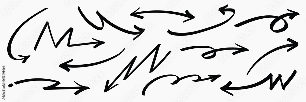 Poster set of simple lines hand drawn black arrows in various style. set of simple of hand drawn black arro