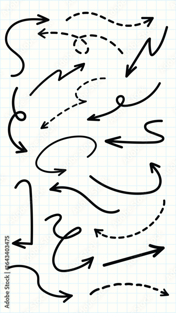 Poster set of simple lines hand drawn black arrows in various style. set of simple of hand drawn black arro