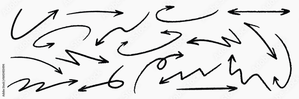 Poster set of simple lines hand drawn black arrows in various style. set of simple of hand drawn black arro