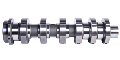 Polished metal automotive camshaft isolated on a transparent background
