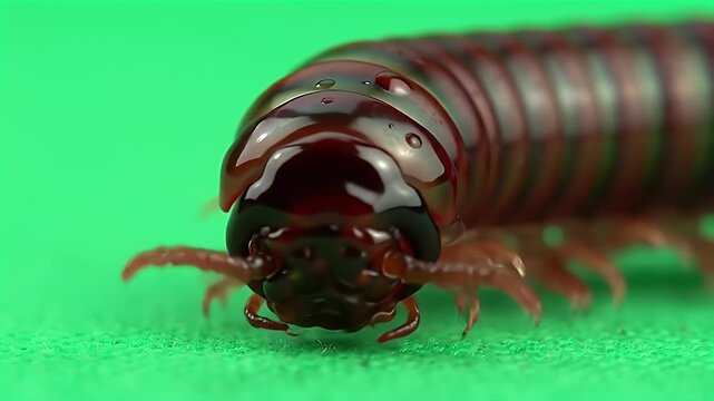 Macro Close-Up of a Dark Brown Millipede Against a Bright Green Background, Showcasing its Segmented Body and Many Legs in Detailed Focus, Nature's...