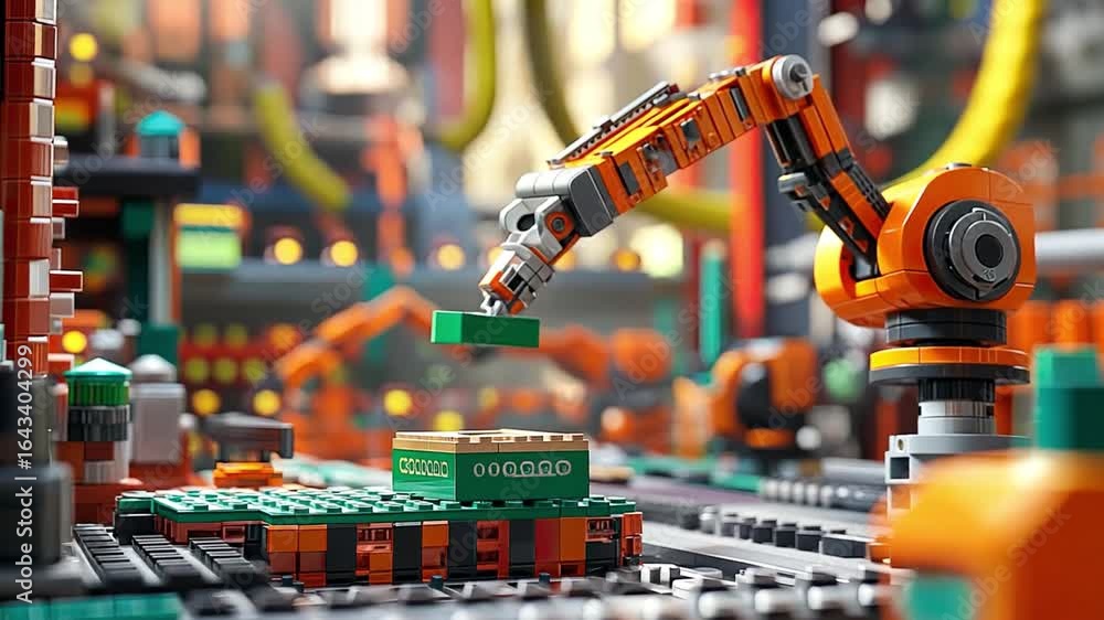 Poster robotic arm assembly colorful building blocks in vibrant factory setting showcasing automation, crea