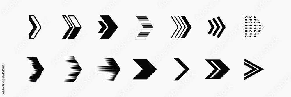 Poster collection of black arrow icons in various styles and directions for design projects needing directi