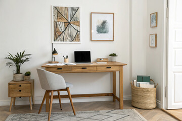 Cozy home office setup with wooden desk and comfortable chair