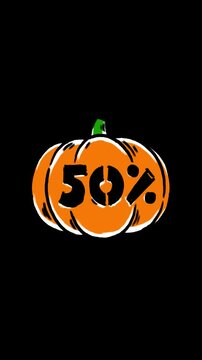 Vertical 4K video. Hand drawn line art loop animation. Orange Jack Lantern with face rotates on black. 50%. Concept of autumn holiday, 31 october, halloween sale, 11 november, discount, fear, fall	