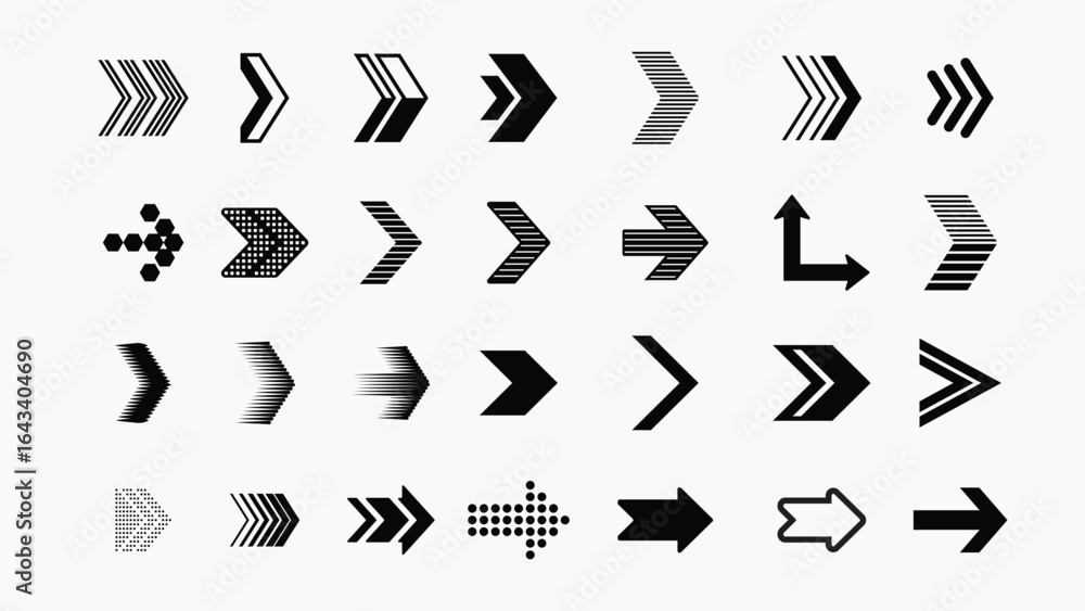 Poster collection of black arrow icons in various styles and directions for design projects needing directi