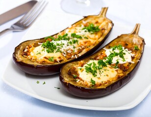 Two baked eggplant halves, filled with cheese and herbs, served on a white plate