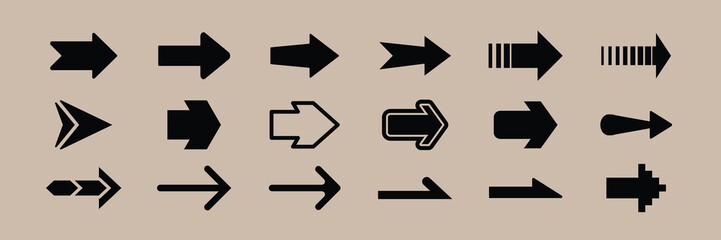 Collection of black arrow icons in various styles and directions for design projects needing directional symbols. Collection of black arrow icons and symbols. Various of simple black arrows icons