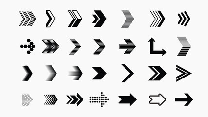 Collection of black arrow icons in various styles and directions for design projects needing directional symbols. Collection of black arrow icons and symbols. Various of simple black arrows icons