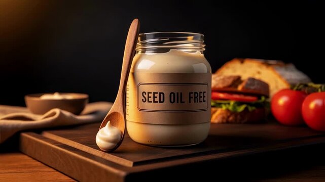 Jar of mayonnaise or creamy spread with a 'seed oil free' label, representing the trend for healthier food products and consumer demand for alternatives to vegetable oils