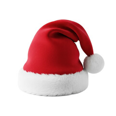 A vibrant red Santa hat made of plush felt fabric with thick white faux fur trim and pom-pom, captured in a clean, bright studio on a seamless transparent background with shadowless lighting. Concept