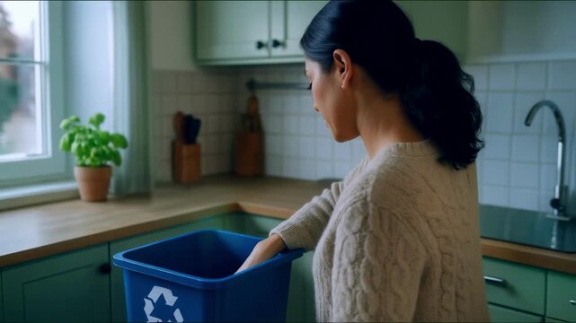 Woman throws a bottle of vegetable oil into a recycling bin, a concept of rejecting unhealthy ingredients, making a healthy lifestyle choice and conscious waste disposal