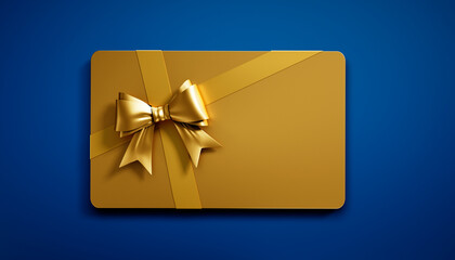 Golden credit or gift card with golden ribbon isolated on blue background - 3D illustration