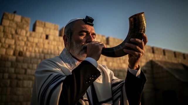 Jewish man in traditional prayer shawl blowing the shofar horn for Rosh Hashanah, a ritual symbolizing spiritual awakening for the jewish new year and high holy days