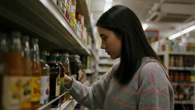 Conscious consumer woman choosing vegetable oil in a grocery store, reading the label to make a healthy choice amid the modern seed oil controversy and food debate
